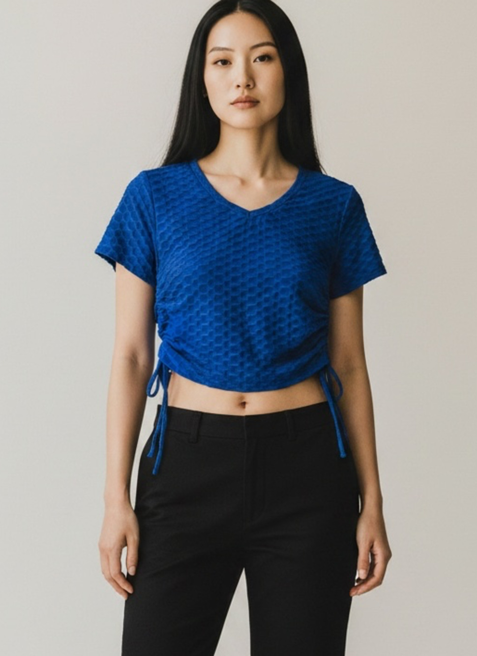 Love University Blue Honeycomb Texture V-Neck Ruched Side Crop Top XL